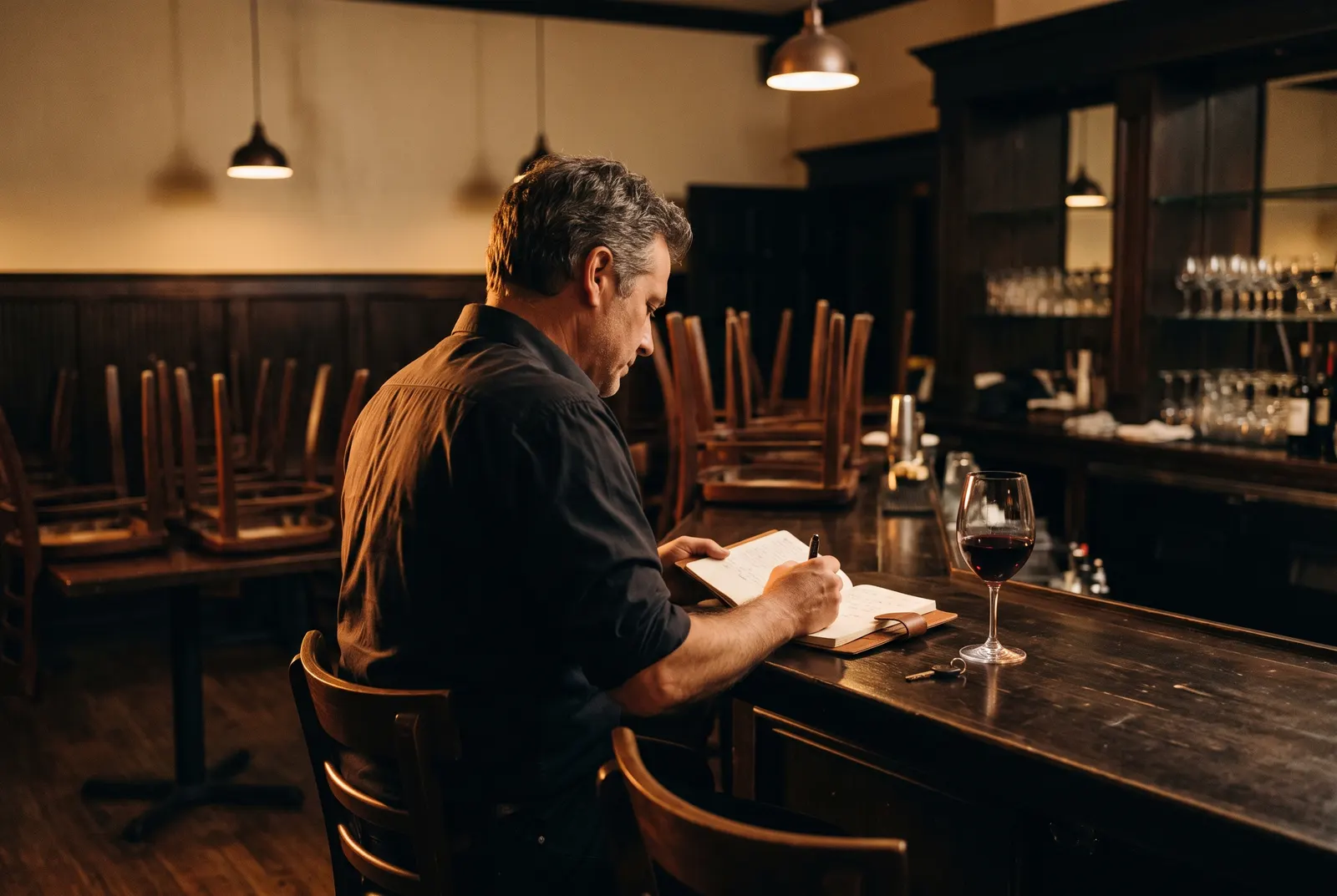 An owner at the bar after close, the night already done