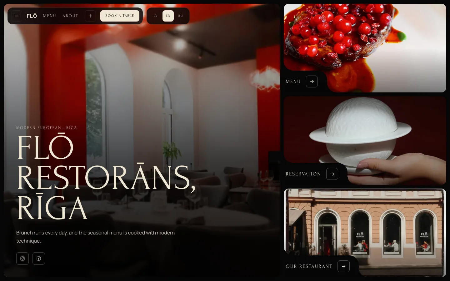 FLO's website home page: the Red Room, the menu, reservations and the restaurant