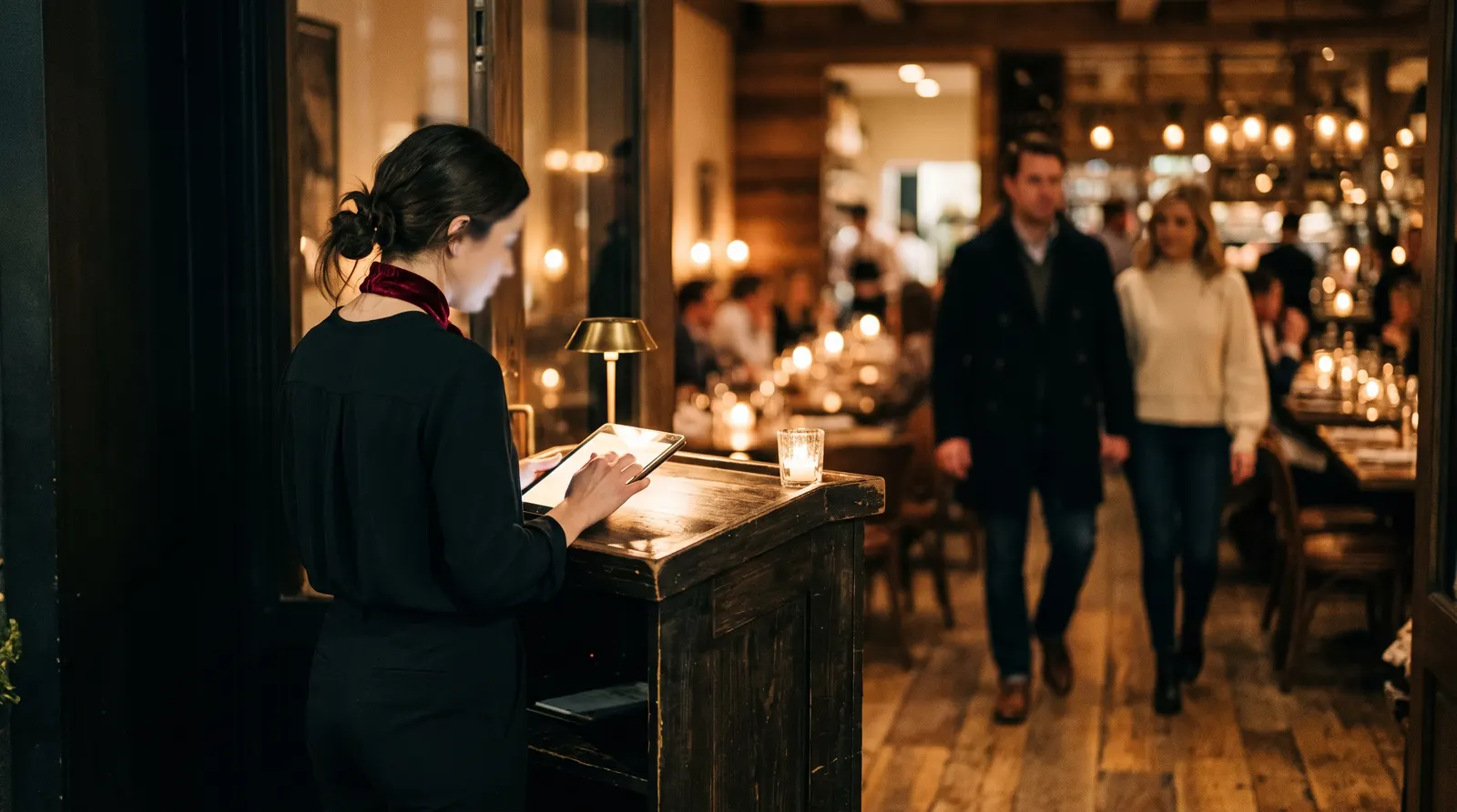 A host checking the book at the stand as guests arrive