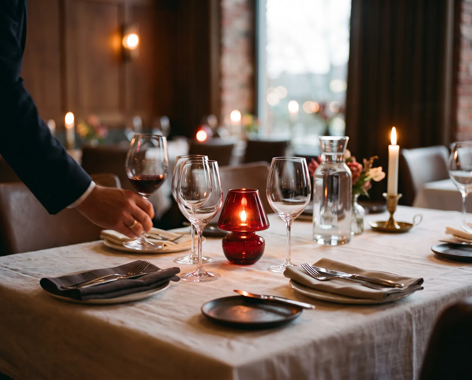 A waiter setting the fourth glass on a table laid for four
