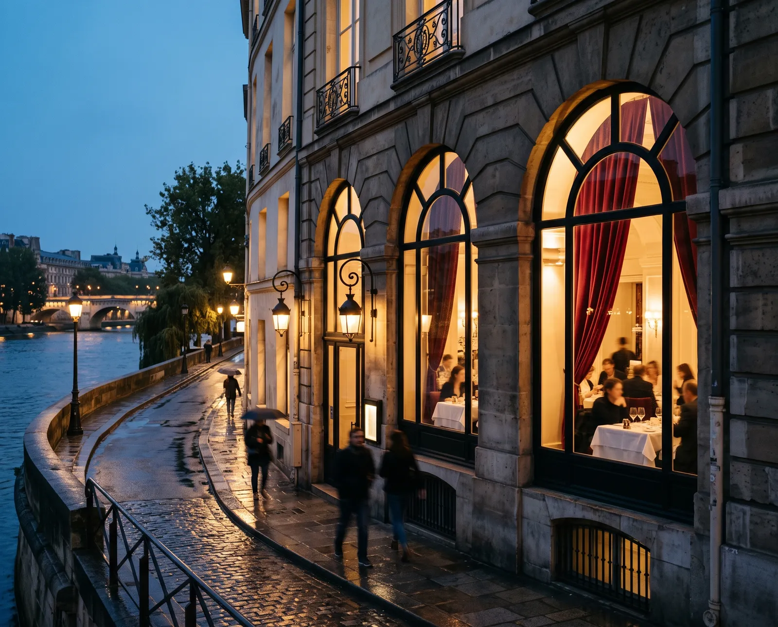 A riverside restaurant's arched windows glowing at dusk