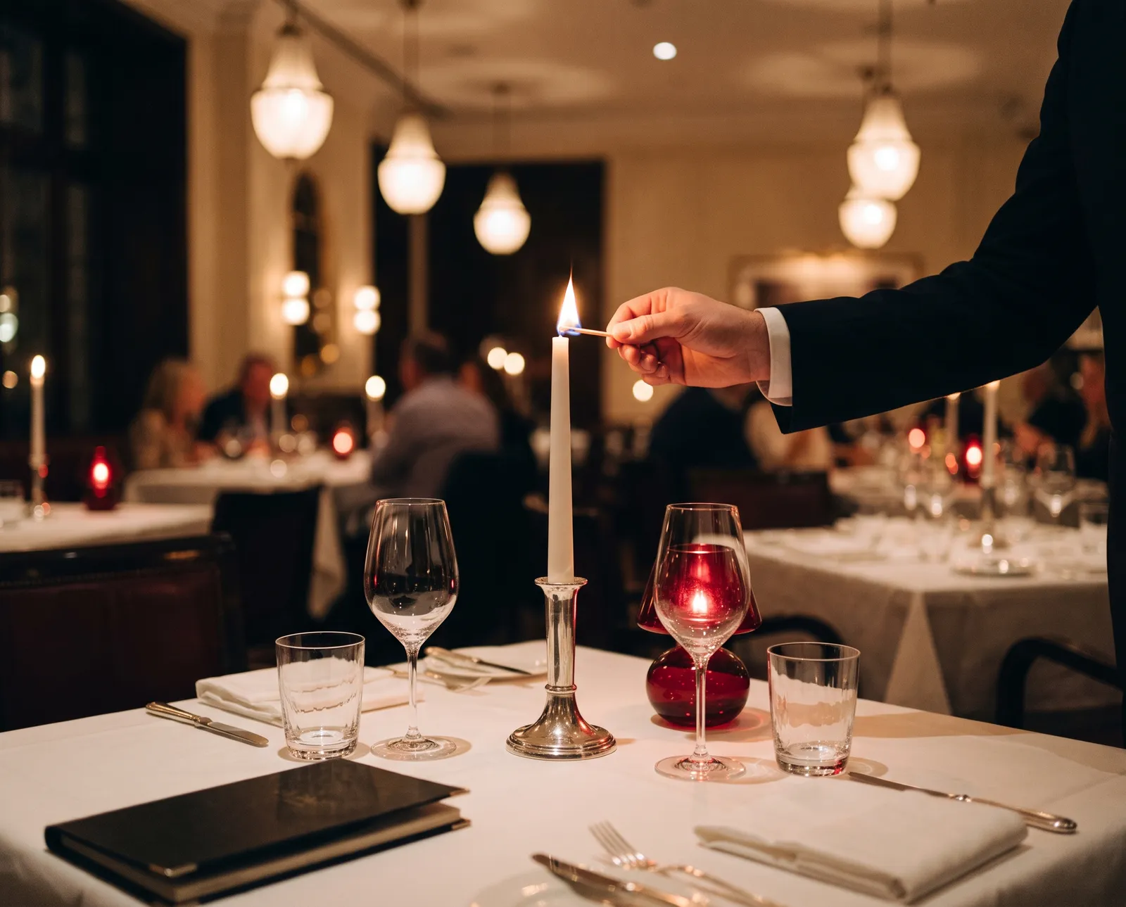 A candle being lit on a white tablecloth as service begins